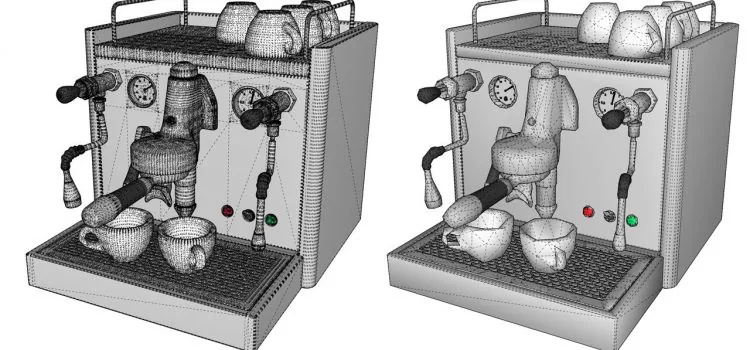 Espressomachine in SketchUp: links het originele model met dichte draadlijnen, rechts hetzelfde model na Skimp met veel minder vlakken