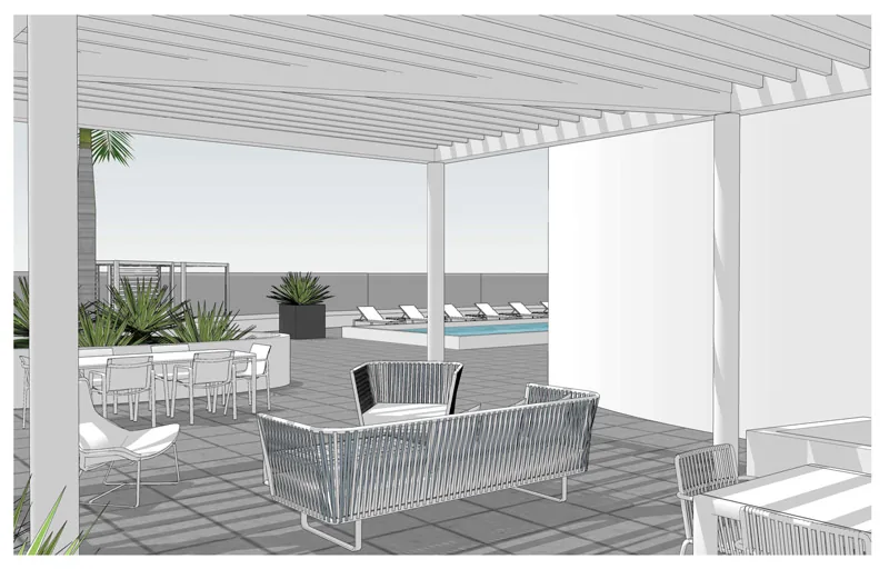 Eerste ontwerpschets van een buitenlounge met zwembad, opgebouwd met gedetailleerde meubelmodellen die met Skimp zijn geïmporteerd