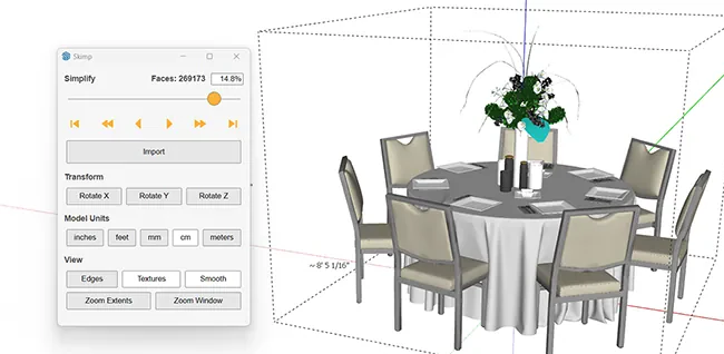 Skimp-venster in SketchUp: een gedekte ronde tafel wordt teruggebracht tot 14,8% van 269.173 vlakken, met zichtbare afmetingen van de bounding box