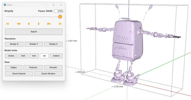 Robotmodel in het Skimp-previewvenster, teruggebracht tot 2% met 92.648 vlakken en afmetingen in millimeter
