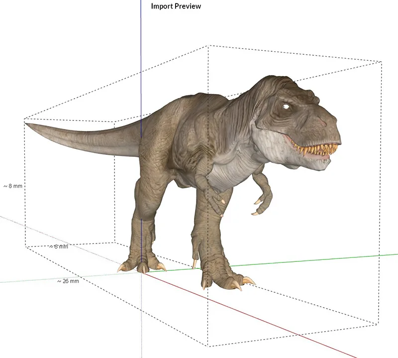 T-Rex-model in het Skimp-previewvenster met zichtbare bounding-box-afmetingen om de schaal te controleren
